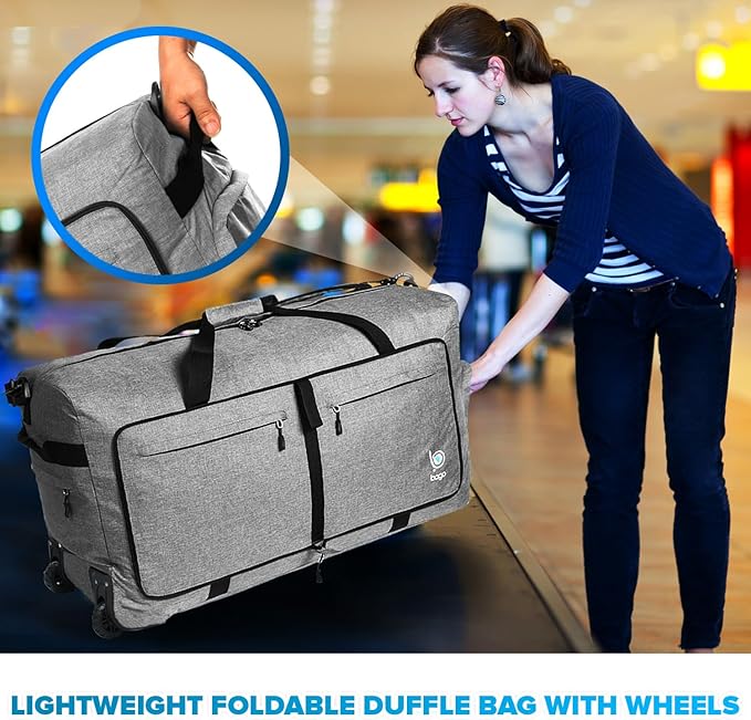 Bago Rolling Duffle Bag with Wheels - 30" 100L Foldable Weekender Bag, Waterproof Travel Duffel Bag, Heavy Duty Lightweight Duffle Bag for Traveling, Rolling Duffel Bag with Wheels (SnowGray2024)