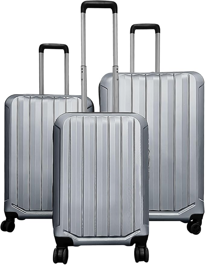 GYMAX Luggage Sets 3 Pieces Hardside Suitcase with Spinner Wheels & Lock, 20” Carry On, 24” & 28” Checked Luggage Set, Lightweight Portable for Travel, Business (Grey,Vertical Stripe)