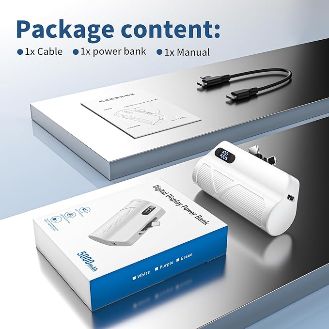 Portable Charger 5000mAh Dual USB C and iOS-Type Connector, Ultra-Compact 20W PD Fast Charging Power Bank for Phone 17/16/15/14/13 Plus,Pro Max, Pad, Samsung Galaxy S25 S24 S23 Android (White)