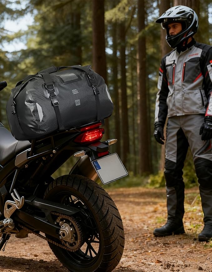 KEMIMOTO Waterproof Motorcycle Dry Bag – Duffle Tail Bag Soft Luggage, 40L/65L Large Capacity with 4 Quick-Release Straps, Dustproof for Touring, Adventure, Motorcycling & Camping