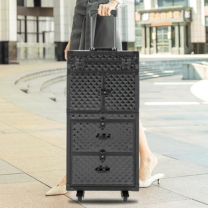 Beauty Luggage Rolling Lockable Makeup Train Case Stylist Cosmetic Luggage Travel Organizer with Hair Dryer Holder & Compartment