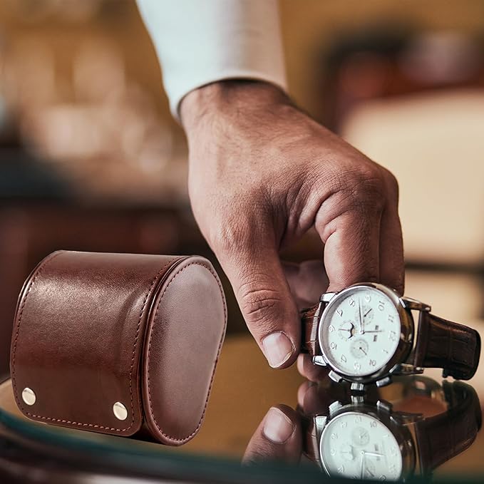 MR.OKAY Single Watch Travel Case- Classic Leather Watch Case With Superb Texture.Portable Watch Roll Or Organizer For Storage And Display. Men's Great Gift For Traveling, 100% Handmade by Artisans.