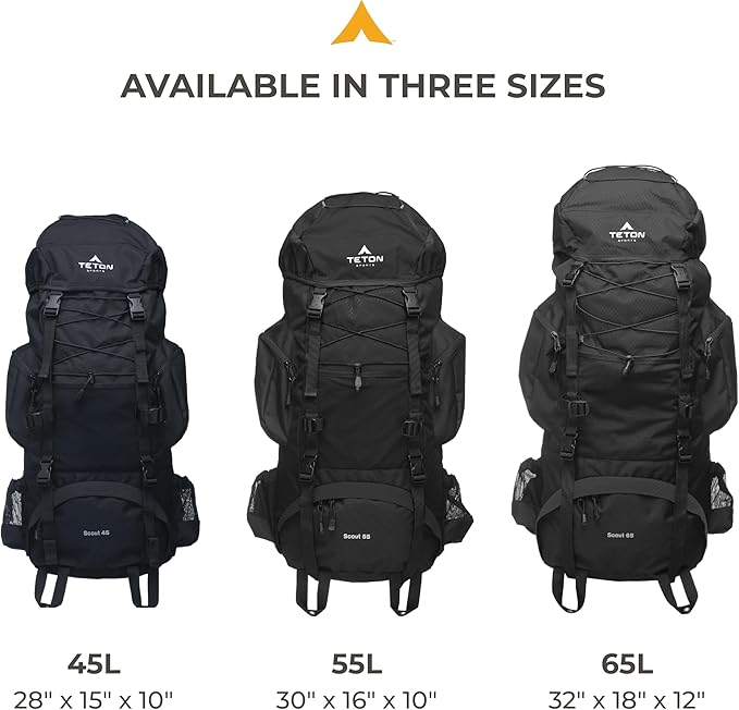Teton 55L Scout Internal Frame Backpack for Hiking, Camping, Backpacking, Travel, Rain Cover Included, Black