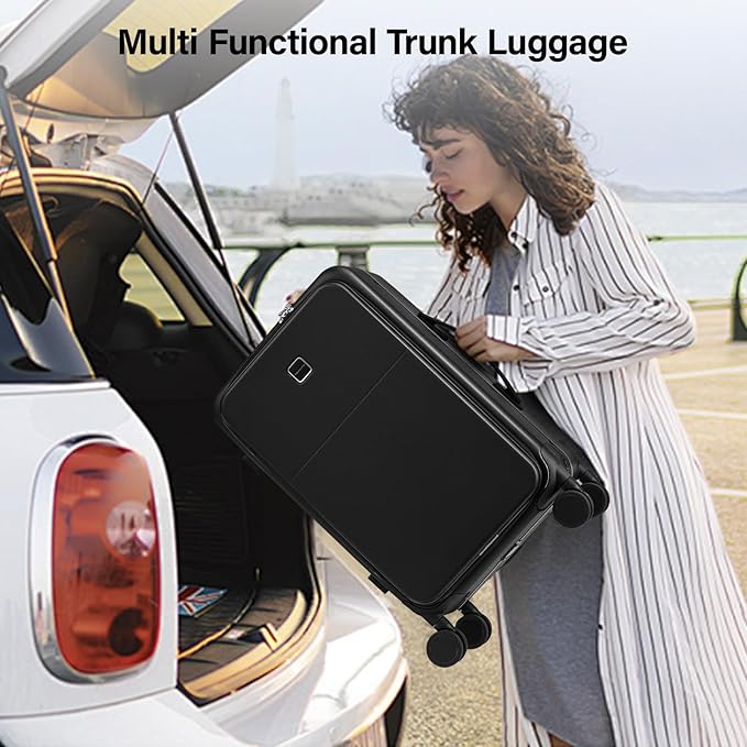 Hanke 28 Inch Luggage with Cup Holder and Charge,Top Opening Hard Shell Suitcases with Wheels and Dividers,Aluminum Frame Trunk Luggage Extra Large Suitcase with Lock for Travel,Jet Black