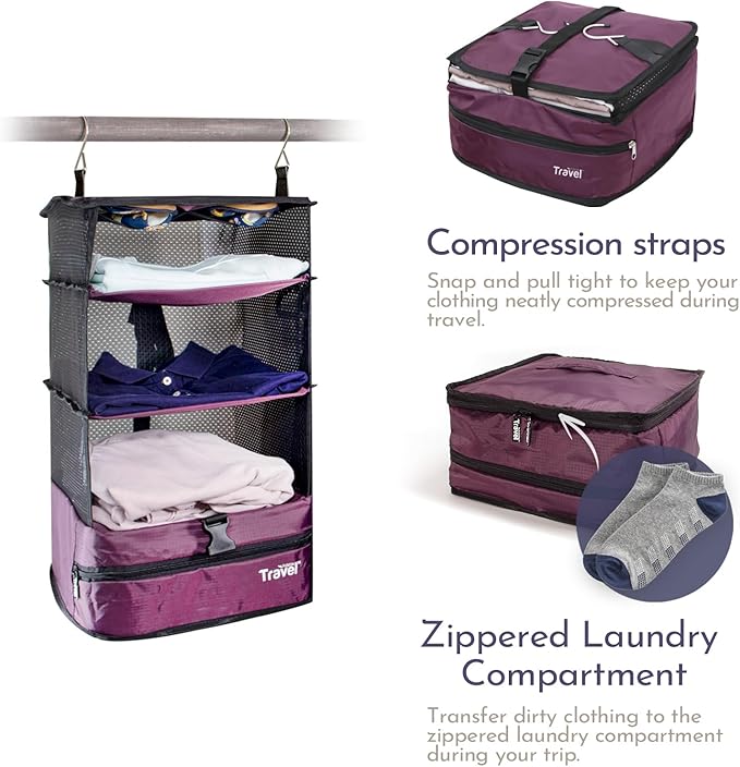 Grand Fusion Stow-N-Go Travel Luggage Organizer – Portable Hanging Travel Shelves, Carry-On Closet Organizer, Hanging Packing Cubes, Collapsible Carry-On Organizer for Cruises & Hotels. Burgundy - L