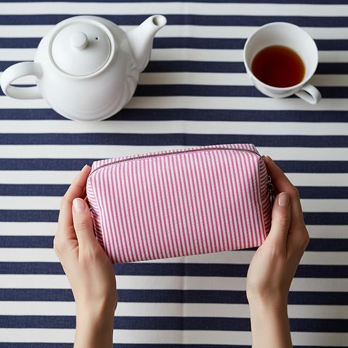 48 PACK Stripe Makeup Bags Bulk-Seersucker Bridesmaid Proposal Gifts Makeup Pouch for Wedding Party Favors Bachelorette Party Decorations Toiletry Organizer Bag Cosmetic Case Gift (Pink Stripe)