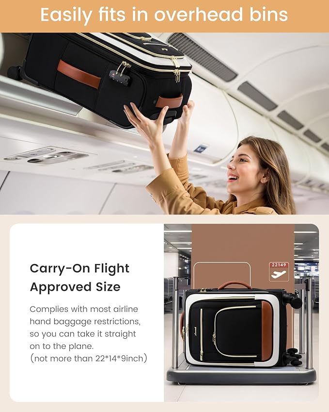 LOVEVOOK Carry on Luggage 22x14x9 Airline Approved, 22 Inch Large Rolling Suitcase with Garment Bag, Spinner Wheels & TSA Lock, 49L Softside Lightweight Underseat Carry-on Luggage for Men Women Travel