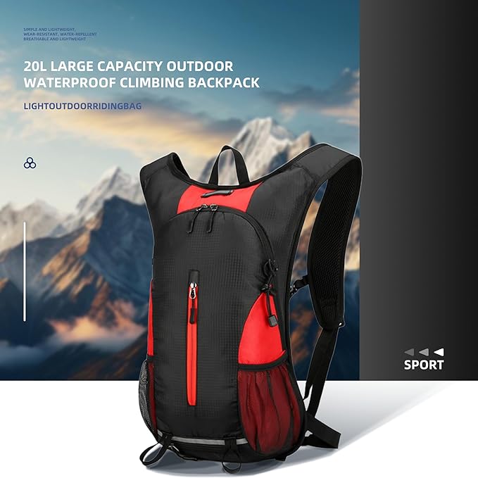 25L Ultralight Lightweight Waterproof HikingBackpack Foldable Travel Camping Hiking Outdoor Sports Backpack Daypack with reflective strips (black red)