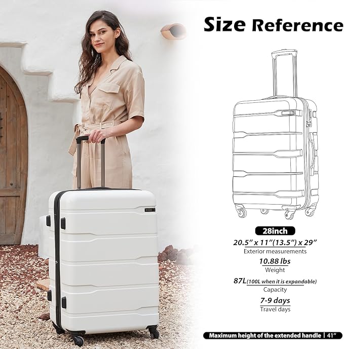 Coolife Luggage PC+ABS Expandable Hardshell Suitcase with TSA Lock, Spinner Checked Lightweight (White, 28in)