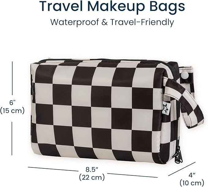 Tiny Twinkle Waterproof Travel Toiletry & Makeup Bag Organizer | Makeup Pouch with Multiple Compartments & Snap Handle for Travel | Gift for Teen Girls and Women(Black Checkers