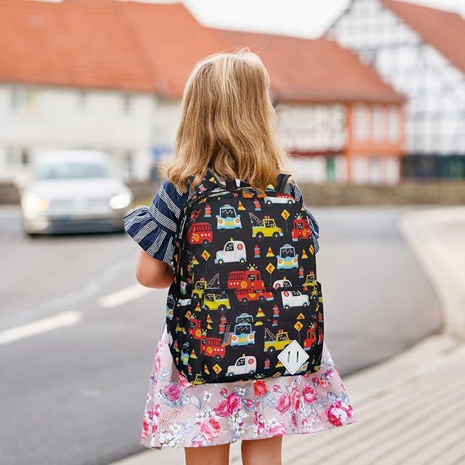 Little Kids Backpack for Girls Boys - 15 Inch Preschool Kindergarten Backpack Cute Car Patterns School Bag for Aged 3-8, Black