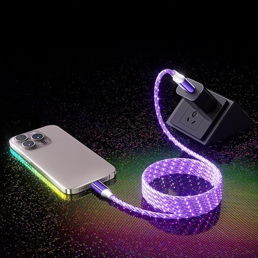IHAO USB A to C Charger Cable PD Fast Charge and High Speed Sync Visible Starry LED Current Flowing Compatible with All USBC Device-Starry Purple A to C 39Inches