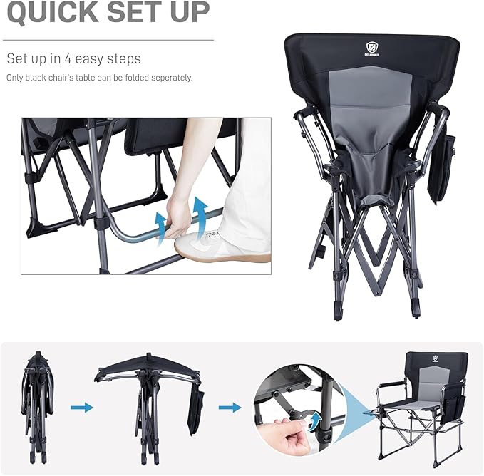 EVER ADVANCED Camping Directors' Chair with Side Table, Portable Folding with Compact Size, Heavy Duty Lawn Chair with Pocket for Camping, Lawn, Sports and Fishing, 400lbs, Black 2 Pack