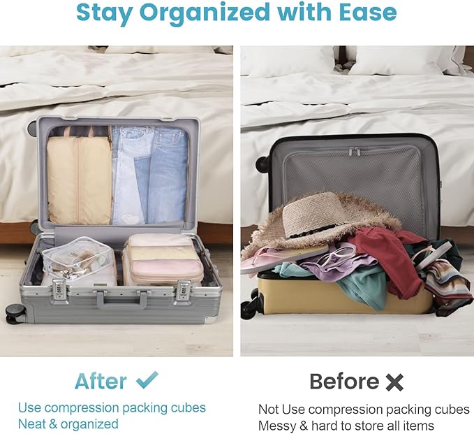 Cambond Mesh Compression Packing Cubes - 6 Set See Through Clear Packing Cubes with Shoe Toiletry Bag for Travel Suitcase, Expandable Travel Cubes for Suitcase Organizer Bags Set, Khaki