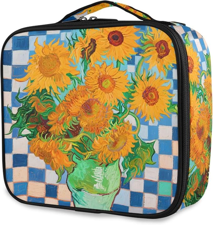 MNSRUU Travel Makeup Bag, Sunflower Blue and White Plaid Women Makeup Case Organizer Cosmetic Toiletry Bag for Teenage Girl with Adjustable Dividers