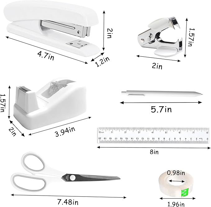Office Desk Accessories, White Office Supplies Accessories with Tape Dispenser, Stapler, Staple Remover, 1000 Staples, Tape, Clips Set, Ruler, Scissor, Pen