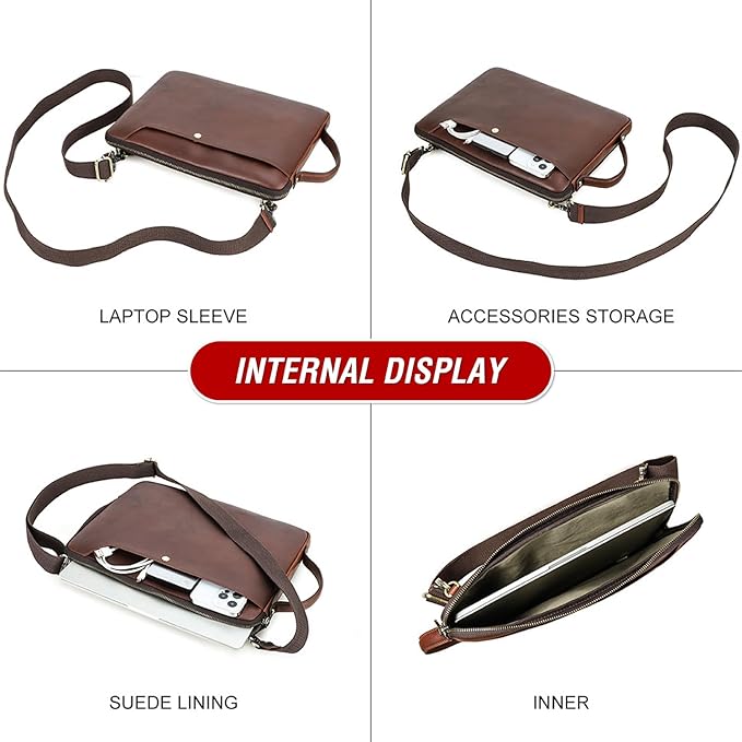 Top Grain Leather 14.2" Slim Laptop Bag Case, Handmade, Adjustable Strap & 2 Pockets, Compatible with MacBook Pro 14 inch 2021 2022 M1 Pro/M1 Max A2442 & Other PC, Red Coffee 14.2 Inch
