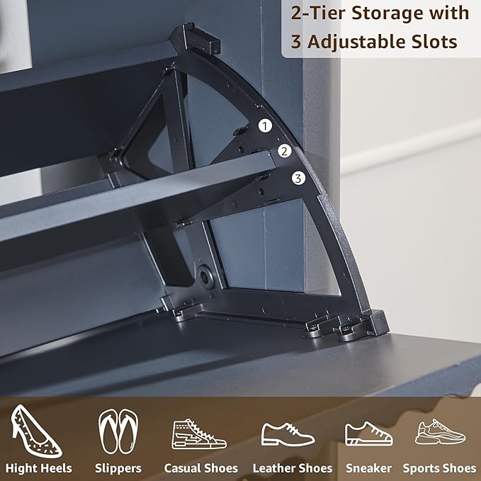 T4TREAM Fluted Shoe Storage Cabinet with 2 Flip Drawers & Top Drawer, 48" Tall Narrow Shoe Organizer, Curved Profile Design, Wooden Shoe Rack for Entryway, Hallway - Dark Grey