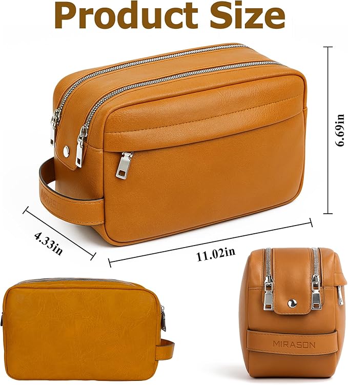 MIRASON Travel Toiletry Bag for Men Leather Travel Bag for Toiletries, Dopp Kit Water-resistant Shower Bag for Shaving Bathroom Organizer Gifts for Men, Brown