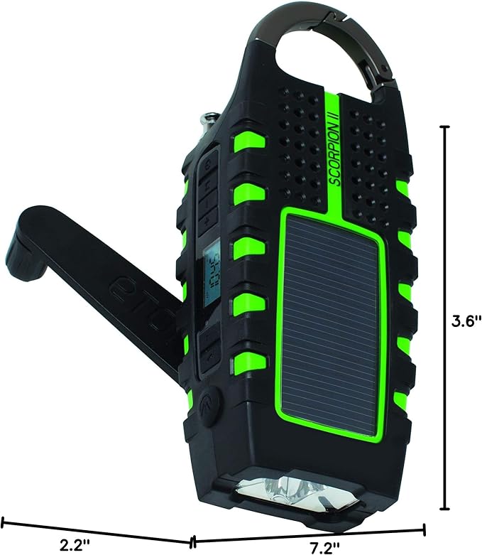 Eton - Scorpion II Rugged Multipowered Portable Emergency Weather Radio & Flashlight Green, Hand Crank, LED Flashlight, Smartphone Charger, Solar Power, 800 MAH Battery, Commitment to Preparedness