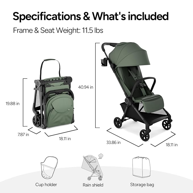 Mompush Nexis Carbon Travel Stroller, Ultra-Lightweight 11.5 lbs, Compact & Airplane Carry-On Approved, One-Second Auto-Fold, One-Hand Full Recline, from Birth to 50 lbs, JPMA Certified