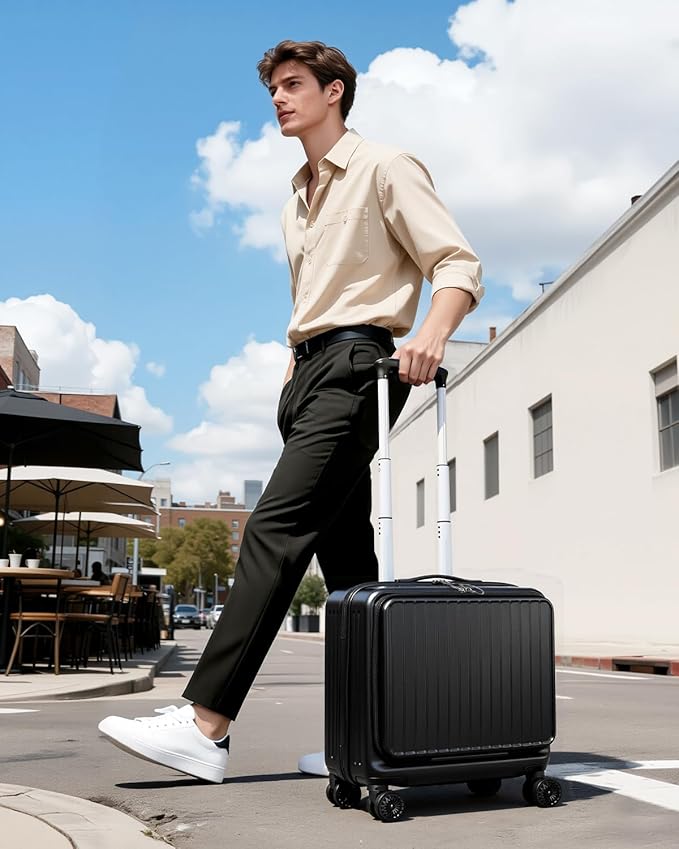 Lekebobor 16 Inch Small Carry on Luggage with Wheels, Airline Approved Hard Shell Suitcase with TSA Lock Front Pocket for Travel for Women Men, Black