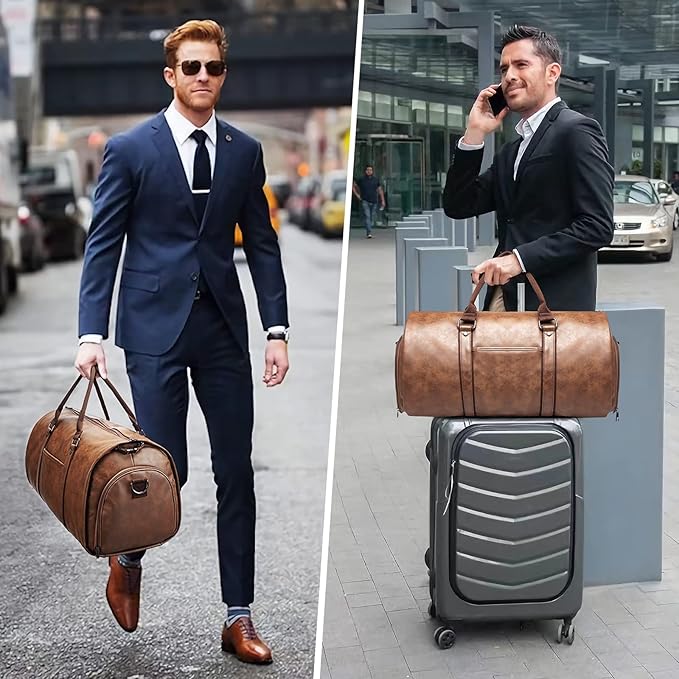 BOLOSTA Carry on Garment Bags for Travel Leather Garment Duffle Bag Convertible Mens Suit Travel Bags with Shoe Compartment,Waterproof,Perfect for Business Travel/Husband Gifts (Brown)
