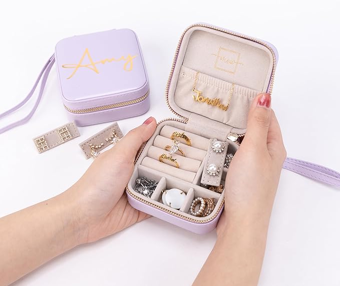Angelina's Palace Personalized Jewelry Case with Name Engraved,Custom Leather Travel Jewelry Organizer Box for Rings,Earrings,Necklaces,Birthday Bridesmaid Gift For Women