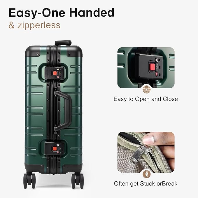 All Aluminum 24 Inch Check In Luggage Hard Shell Suitcases with Spinner Wheels and TSA Lock, Checked Medium Suitcase (Dark Green)