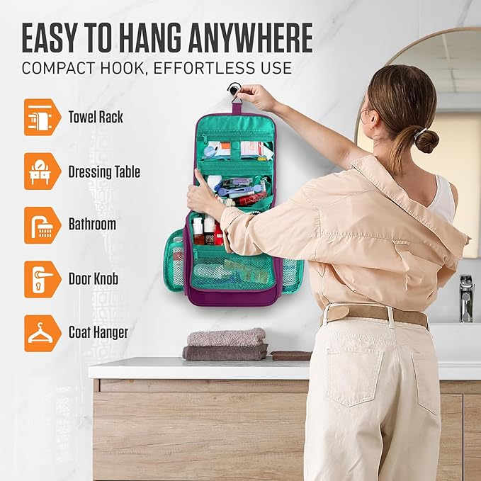 VENTURE 4TH Hanging Travel Toiletry Bag for Women & Men – Large Toiletry Organizer with 18 Compartments, Removable TSA Pouch, Travel Wash Bag for Toiletries, Makeup & Shaving Kit (Purple/Mint)