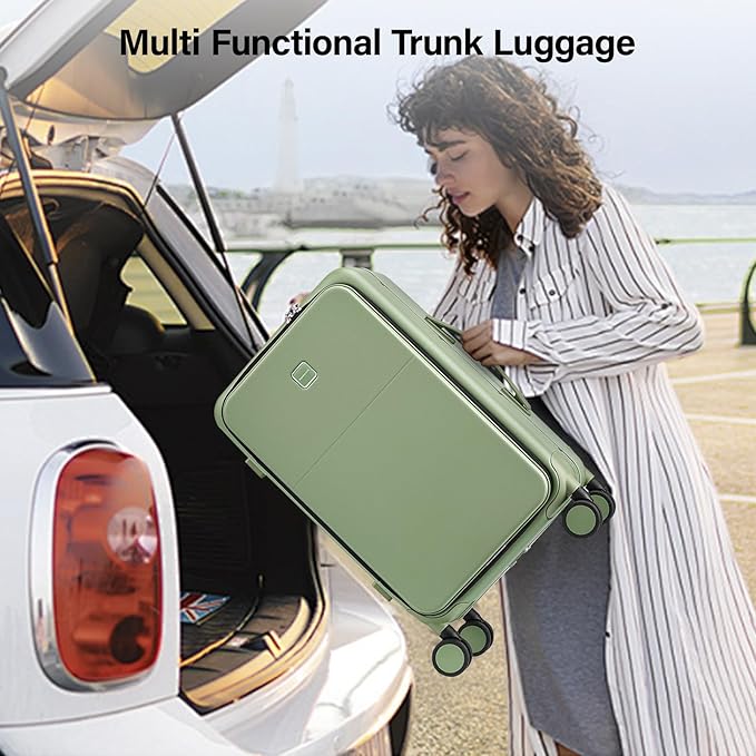 Hanke 28 Inch Luggage with Cup Holder and Charge,Top Opening Hard Shell Suitcases with Wheels and Dividers,Aluminum Frame Trunk Luggage Extra Large Suitcase with Lock for Travel,Bamboo Green