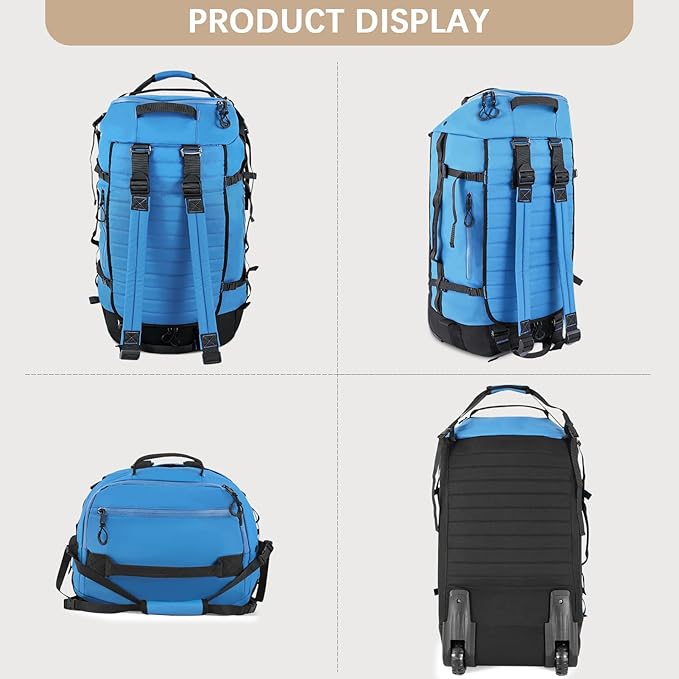 CONTAIL 86L Wheeled Duffel Bag, Soft Shell with Adjustable Web Handles, Carry On Size 29.5x14.2x12.6in, Foldable with Dual Wheels & Shoe Compartment,Blue