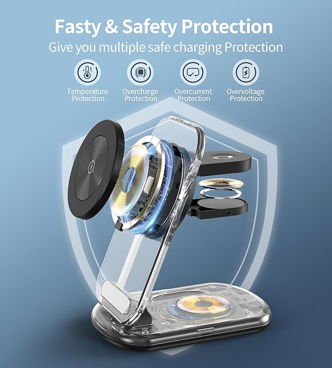 3 in 1 Magnetic Wireless Charging Station for Apple Devices, Fast Foldable Travel Mag-Safe Charger Stand with Night Light for iPhone 17 16 15 14 13 12 Series, Apple Watch/AirPods Pro