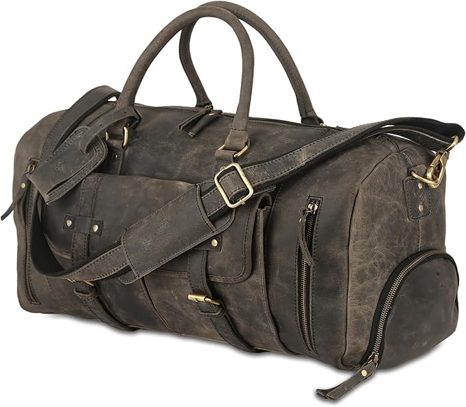 KomalC 24 Inch Leather Duffle Bags for Men and Women Travel Overnight Weekend Bag Sports Gym Duffel for Men (Charcoal Black With Shoe Pocket)