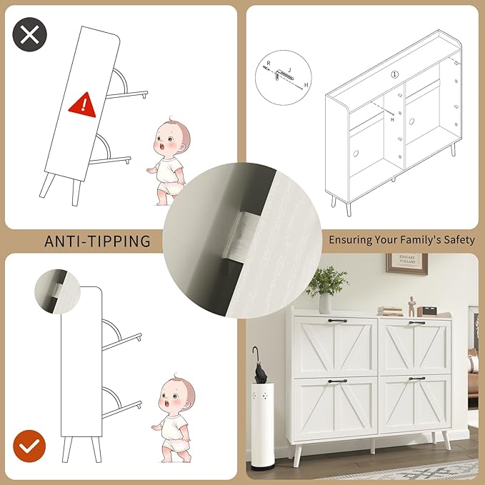 Shoe Cabinet with 4 Flip Drawers, Large Hidden Shoe Storage Cabinet Slim, Freestanding Farmhouse Shoe Organizer Cabinet for Entryway, Narrow Shoe Cabinet with Wooden Legs, White