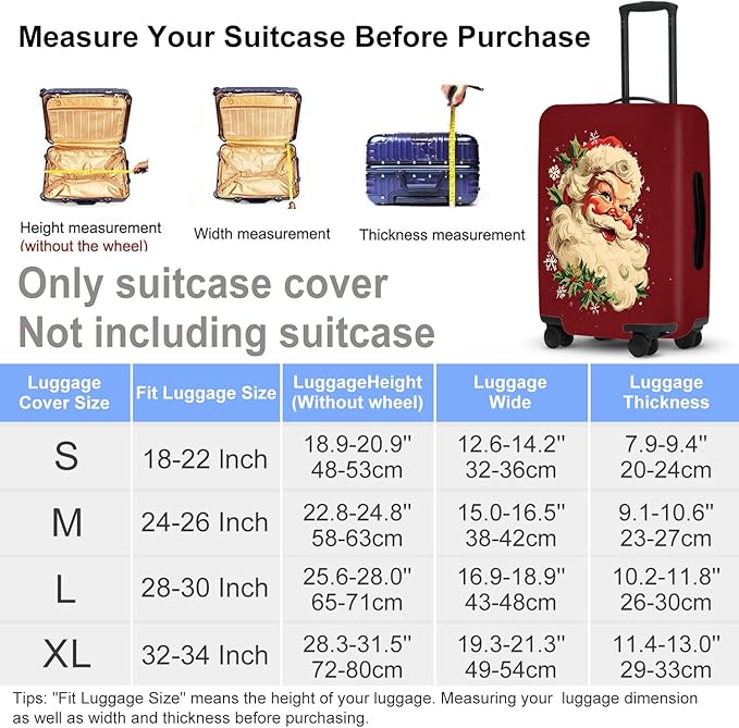 Retro Santa Luggage Cover - Vintage Saint Nicholas with Holly and Snowflakes, Traditional Christmas Suitcase Protector 24 26 Inch