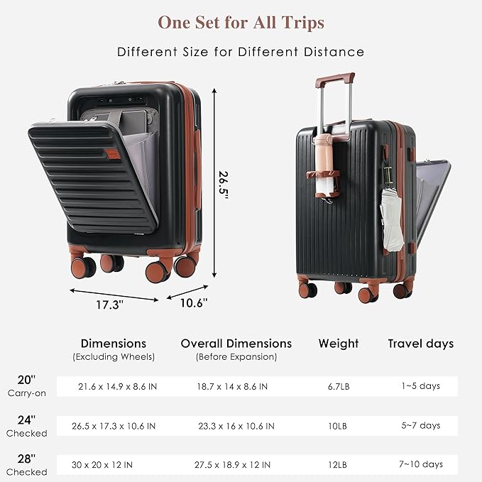 Luggage Sets 3 Piece, Hardside Suitcase with Front Pocket Cup Holder and TSA Lock