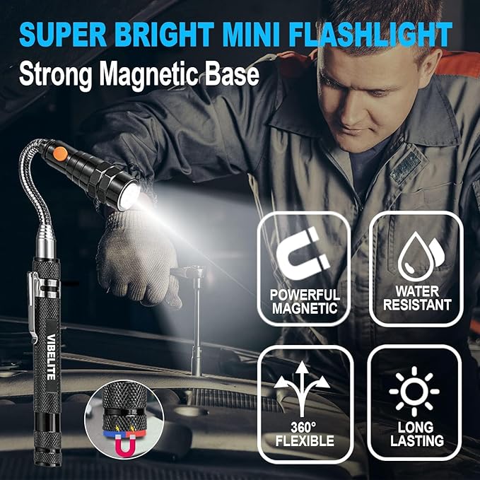 VIBELITE Extendable Magnetic Flashlight with Telescoping Magnet Pickup Tool-Cool Gadget Christmas Gifts Stocking Stuffers for Men, Teen Boys, Dad, Father, Mechanic, Boyfriend, Women, Black, 2 Pack