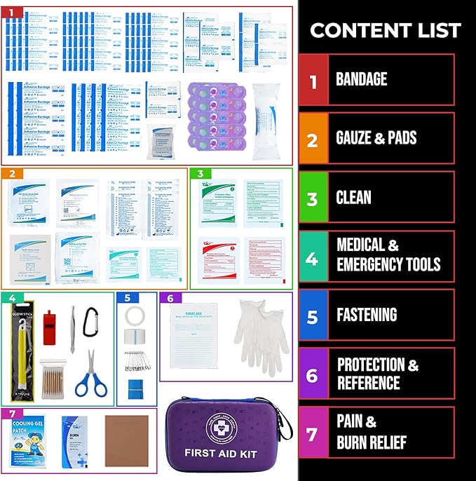 Premium First Aid Kit - 305 Piece Dual-Color Emergency Kit with Hard Shell & Fluorescent Interior Coating, Compact Survival Kit for Home, Car, Travel, Hiking & Outdoor(Blue/Purple)