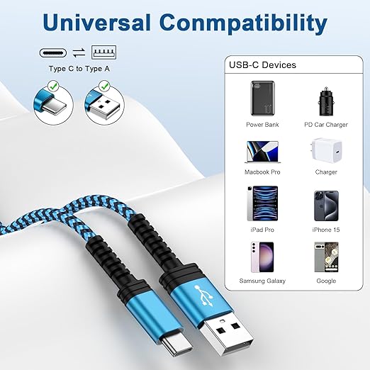USB to USB C Cable 10FT Long Braided USB A to Type C Charger Fast Charging Power Cord for Samsung Galaxy A17/A16 5G/A15/A56/A36/A55/S25 Edge/S24 Ultra/S23/S22/S21/S20/S10/Pixel 9a/9 Pro xl/8a/7a/8/7/6