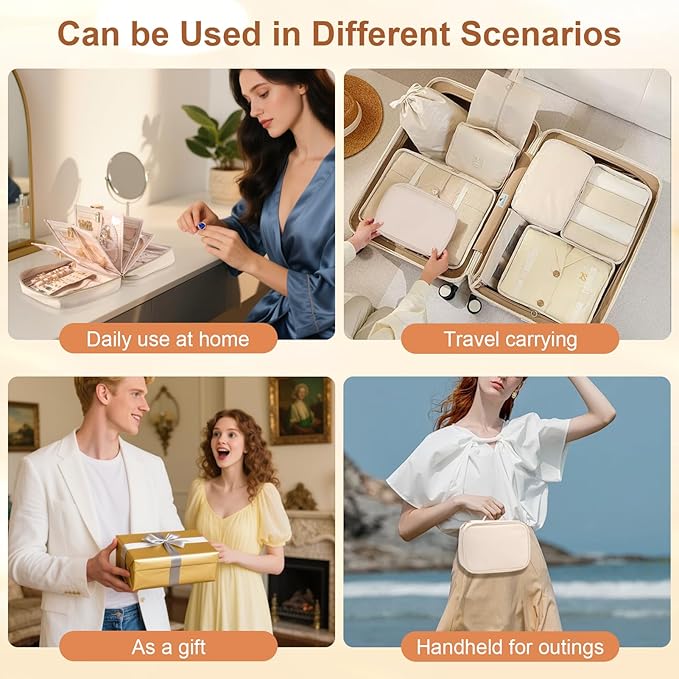 Travel Jewelry Case Organizer for Women, Jewelry Storage Book with Small Pouch, Travel Jewelry Bag Case for Traveling Necklace, Earrings, Rings, Bracelet Organizer (Beige)