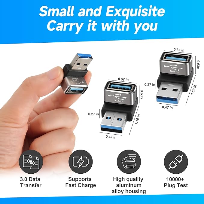 90 Degree USB 3.0 Adapter 2 Pack, (Up and Down) Right Angle USB Type-A Male to Female USB L Shape On The Go (OTG) Connector Extender Support Charge & Data Sync (5Gbps) for PC, Laptop, Mouse, Keyboard
