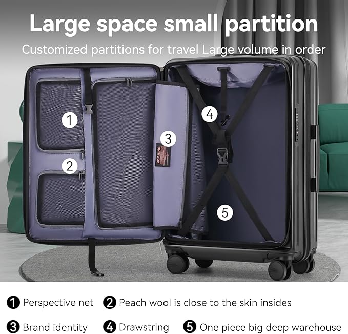 ROAMING 24 Inch Checked Luggage Front Opening Rolling Suitcase PC hard sided luggage with Spinner Wheels Cup Holder Tsa Lock Specially Designed Ergonomic Pull Rod Handle for Travel Woman Men (black)