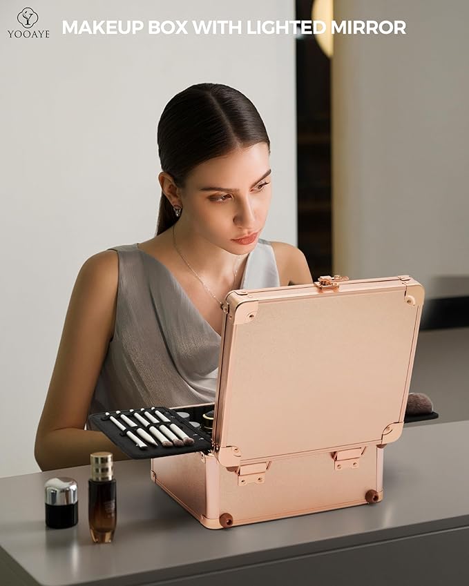 Makeup Box with Detachable Lighted Mirror–Travel Train Case, Cosmetic Storage Organizer & Makeup Suitcase with Adjustable Dividers & Magnetic LED Mirror (Rose Gold)