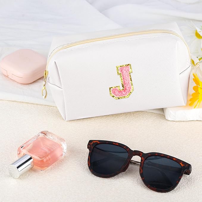 Initial Makeup Bag Personalized Preppy Travel Small Cosmetic Bag Cute PU White Chenille Letter Makeup Pouch for Purse Waterproof Zippered Toiletry Organizer for Women Girls Kids Friends (J)