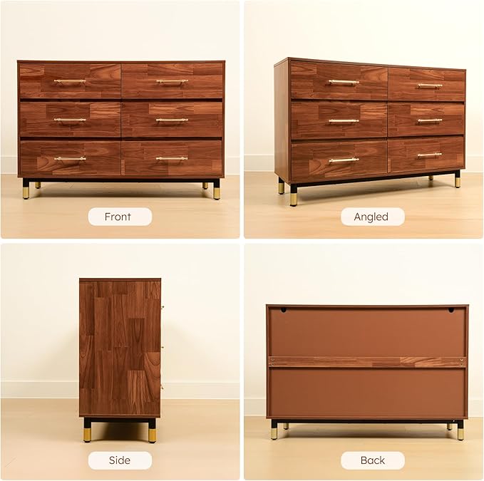 Walnut Dresser for Bedroom, 6 Drawer Brown Wood Dresser with Modern Storage Organizer, Wide Chest of Drawers for Closet, Clothes, Living Room