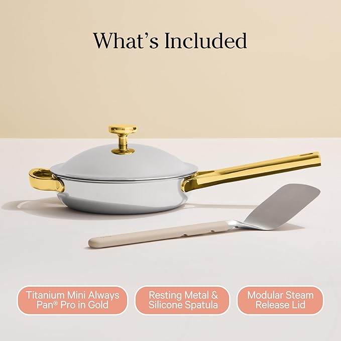Our Place Mini Titanium Always Pan Pro | 8.5" PFAS-Free Nonstick Frying Pan with Spatula | Chef-Grade Tri-Ply Stainless Steel & Aluminum Build | Induction & Oven-Safe up to 750°F | Gold