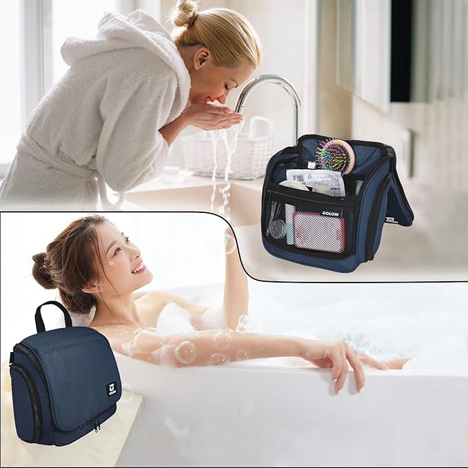 Goloni Hanging Toiletry Bag with Hook, Large Makeup Bag Travel Organizer, Water-Resistant Hanging Cosmetic Bag with 10 Compartments for Women & Men,Blue