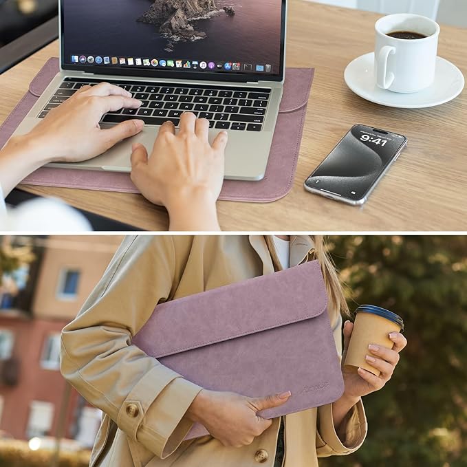 Allinside 13 Inch Laptop Sleeve Case for MacBook Air 13 2018-2025/MacBook Pro 13 2016-2022/Macbook Pro 14 2021-2024, Waterproof Matte PU Leather Horizontal Envelope Protective Case Cover, Purple