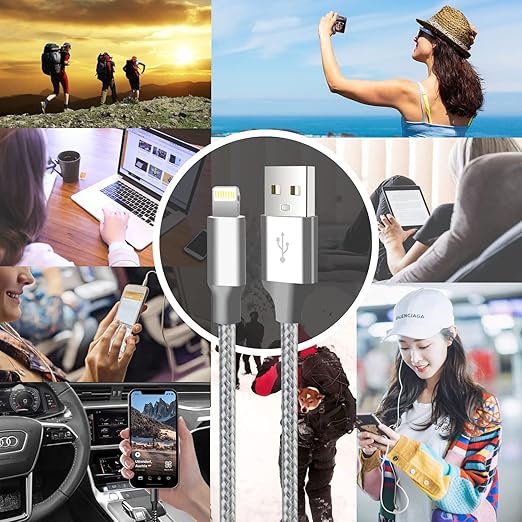 cugunu iPhone Charger, 5 Pack 3/3/6/6/10FT Apple MFi Certified USB Lightning Cable Nylon Braided Fast Charging Cord Compatible for iPhone 14/13/12/11/X/Max/8/7/6/5/SE/Plus/iPad - Gray